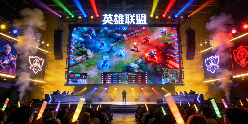 电竞赛事直播现场，英雄联盟比赛画面